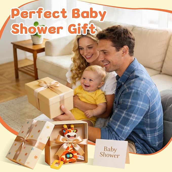 Baby Toy 0-12 Months - BPA-Free Soft Plush Sensory Toy with Gentle Squeaker, Safe Hand Grip & Teething Relief, Portable Newborn Toy for Diaper Bag, Baby Shower Gift (Orange Giraffe)