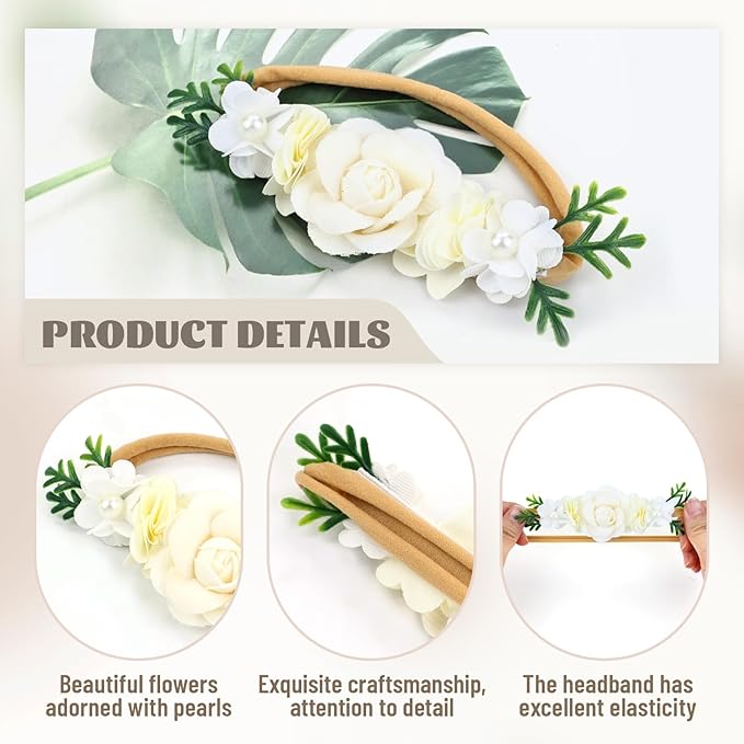 Dizila 6 Pieces Super Soft Stretchy White Ivory Baby Girl Flower Nylon Headbands Floral Hair Accessories for Newborns Infants Toddlers Girls Kids