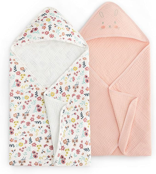 david's kids 2 Pack Hooded Baby Towels, Large 32"x32", 6 Layer 100% Muslin Cotton Highly Absorbent Girl Bath Towel for Newborn, Infant, Toddler, Soft and Breathable Baby Essentials, Floral & Butterfly