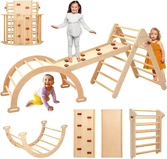 PairPear Foldable Pikler Triangle Climbing Set for Kids, 7 in 1 Montessori Large Wooden Climbing Toys Indoor Jungle Gym with Rocker Arch, Ramp & Slide for Toddlers 18 Months+