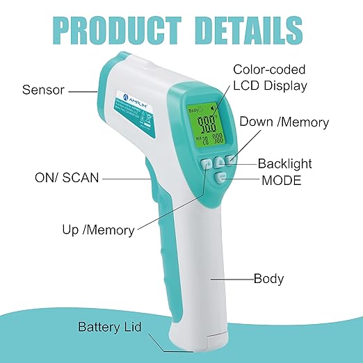 Amplim No-Touch Forehead Thermometer for Adults, Kids, and Infants: Digital Temporal Touchless Medical Grade Thermometer with LCD Display, Registry Must Have for Body Fever Temperatures, Blue