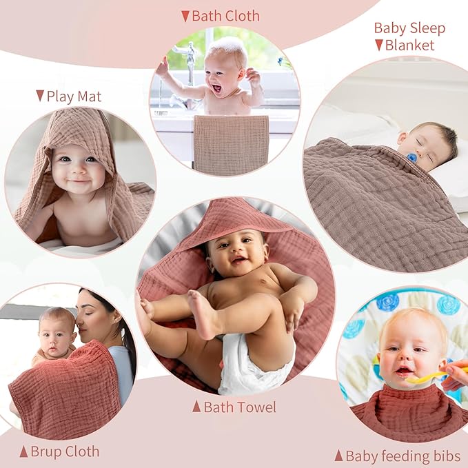 VitalCozy 6 Pcs Baby Muslin Hooded Bath Towels and Washcloths, Muslin Hooded Baby Towels Absorbent Blankets for Gift Newborn Infant Shower (Brown,Burnt Orange)