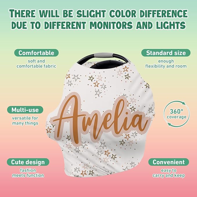 Personalised Car Seat Cover for Girls and Boys - 7 in 1 Multipurpose Breast Feeding Cover, White Star Nursing Cover, Grocery Cart Cover - Birthday Gift for Babies