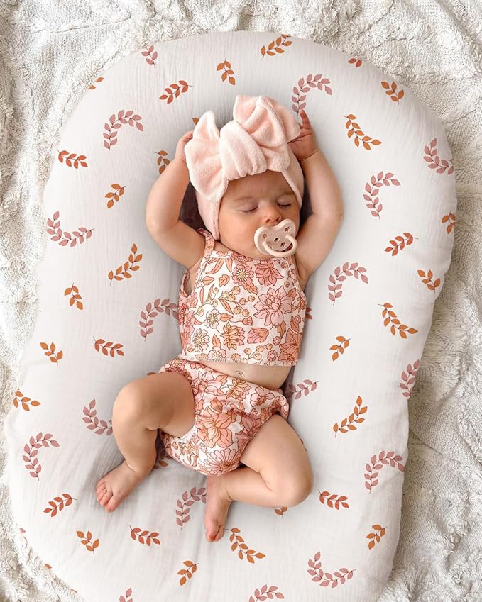 Muslin Baby Lounger Cover, Soft Breathable Newborn Lounger Pillow Cover for Boys Girls Infant (Leaf)