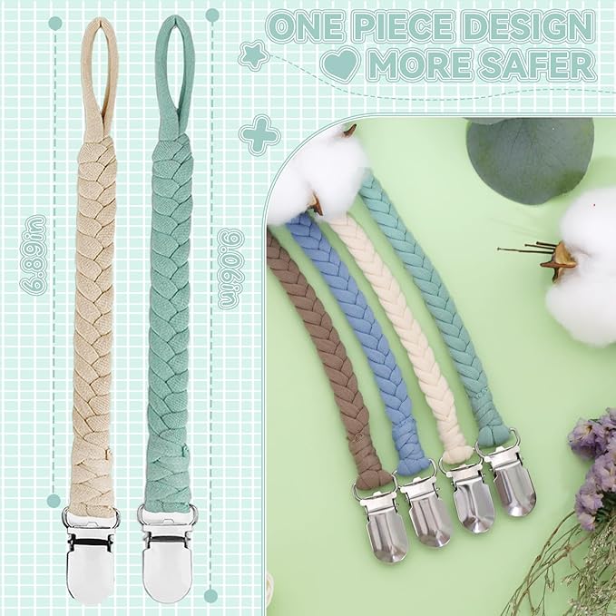 4 Pcs Pacifier Clip, Pacifier Clips for Boys & Baby Girls Pacifier Holder Clip Binky Clips Braided 100% Handmade Fits All Pacifiers(Blue, 4 Pack)