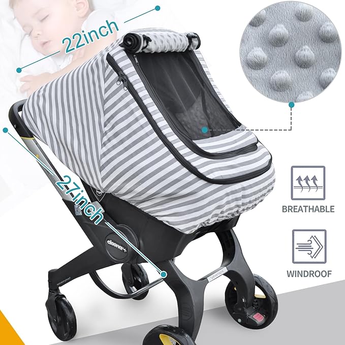 Car Seat Covers for Babies,Baby Car Seat Cover for Boys Girls,Windproof Infant Carseat Cover,Kick-Proof Car Seat Canopy with Breathable Mesh Peep Window,(Grey Stripe)