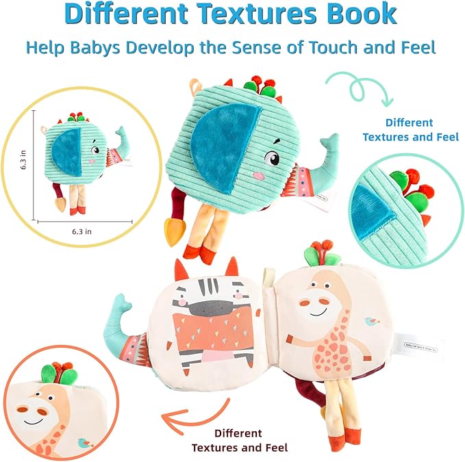 Baby Soft Book Toys for Car Seat 6-12 Months, Sensory Travel Toy 3-6 Months, Montessori Crinkle Busy Book Learning Animals for Roadtrip, Cloth Activity Baby Valentine Gift with Squeaky Textures