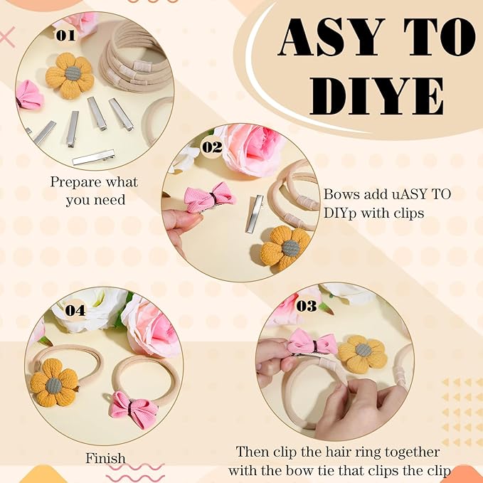 Zeyune 200 Pcs Nude Nylon Headbands and Hair Clips for DIY Christmas Bows, Interchangeable Soft Newborn Infant Toddler Girls Crafts