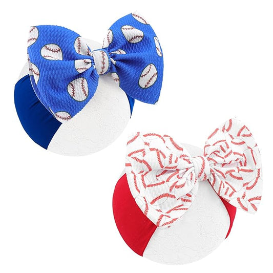 2PCS Baseball Themed Headbands for Baby Girls Softball Hair Bows Accessories for Newborns Infants Toddlers Sports Party Head Bow Wrap