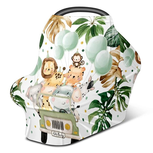 Baby Car Seat Stroller Covers Cute Animals Jungle Greenery Nursing Cover Breastfeeding Scarf Soft Breathable Stretchy Coverage Carseat Canopy Cover for Boys and Girls Soft Breathable Multi Use