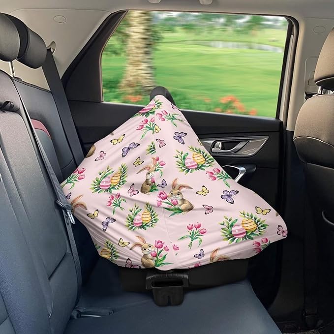 Wanyint Easter Rabbit Butterfly Tulip Pink Baby Car Seat Covers Cute Carseat Canopy for Babies Boys Girls Multi-use Nursing Breastfeeding Covers Nursing Scarf