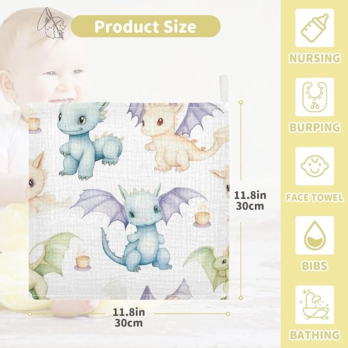 Cute Little Dragons Baby Washcloths, Soft and Absorbent Wash Cloths, Baby Bath Towel, Face Towel for Newborns, Infants, 5 Pack, 12x12 inches