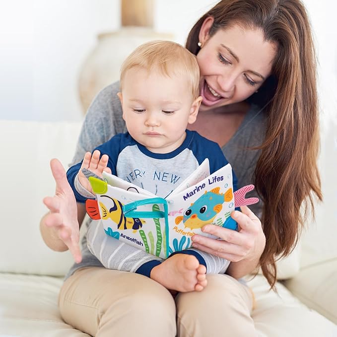 Love&Mini Baby Cloth Book Toys - Ocean Shark Crinkle Book with Teether, Touch & Feel Soft Books for Babies 6+ Months, Sensory Early Learning Toys, Baby Shower Gifts for Boys & Girls