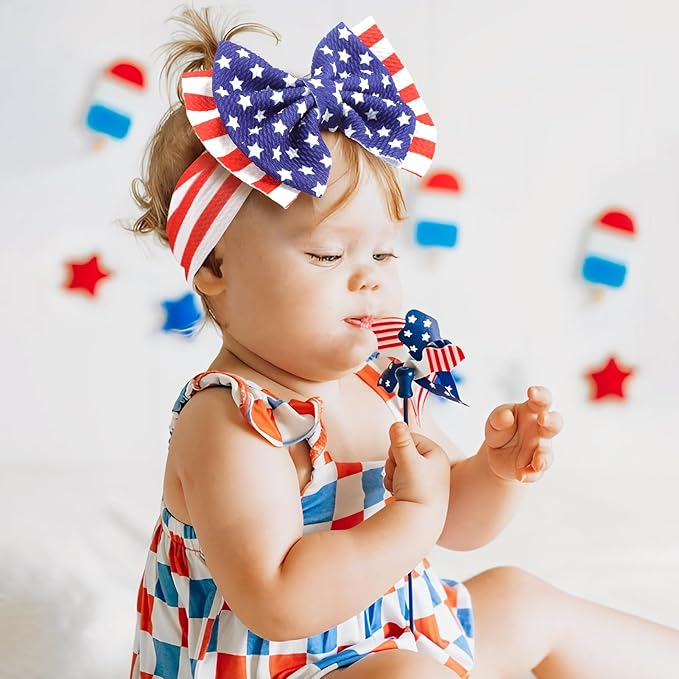 YanJie 4th of July Hairband - Baby Girl Headbands with Multicolor Printed Nylon Elastic Hair Bow Headband for Baby Girls Infant (2 Count, Pack of 1)