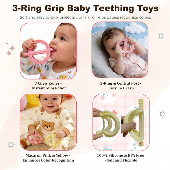 2-Pack Baby Teething Toys, Food Grade BPA-Free Silicone Baby Teether for 3-18 Months, Ring-Shaped Teething Toy for Babies, Multi-Textured Choke-Proof Easy Grip Teether for Infants (Pink&Yellow)