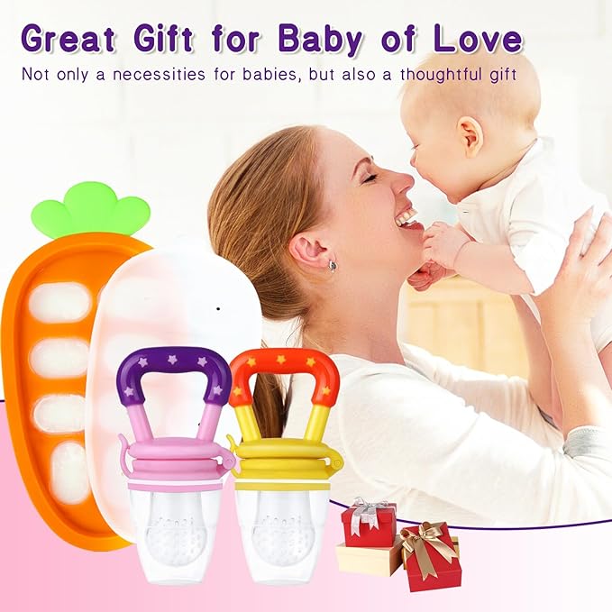 Baby Fruit Feeder with Ice Tray, BPA-Free Silicone Teether & Infant Feeding Set for 3-24 Months, Leak-Proof, Ergonomic Handle – Perfect for Puree, Yogurt & Frozen Snacks（Pink Yellow）