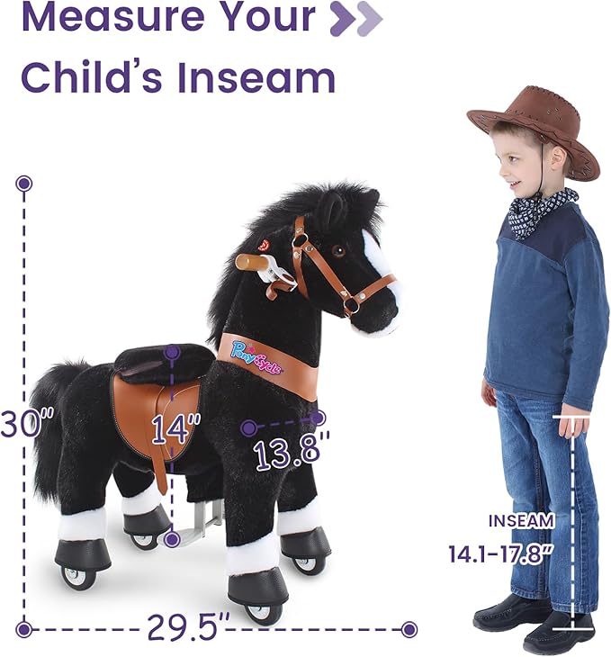 PonyCycle Ride on Horsey Toddler Ride on Toys for Boys Classic Model U (with Brake/ 30" Height/Size 3 Rocking Horse for Age 3-4) Ride on Horse Toys Mechanical Animal Plush Black Ux326