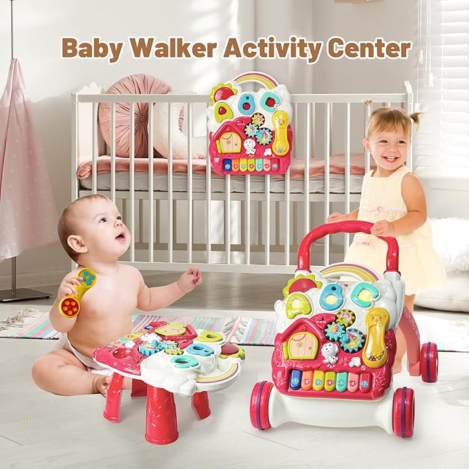 Sit to Stand Baby Walker, Activity Center with Music and Light, Activity Table for Toddlers, Push Toys for Babies Learning to Walk, Early Education Toys for Infant Boys Girls 6 Months Up (Red)