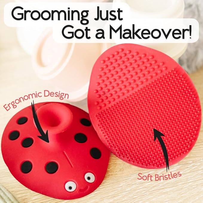 SplashEZ Cradle Cap Brush for Babies | Soothing Newborn Head Massager | Food-Grade Soft Silicone Baby Bath Brush & Scalp Scrubber | Infant Cradle Cap Comb - Organic Shape & Ladybug Design, 2-Pack
