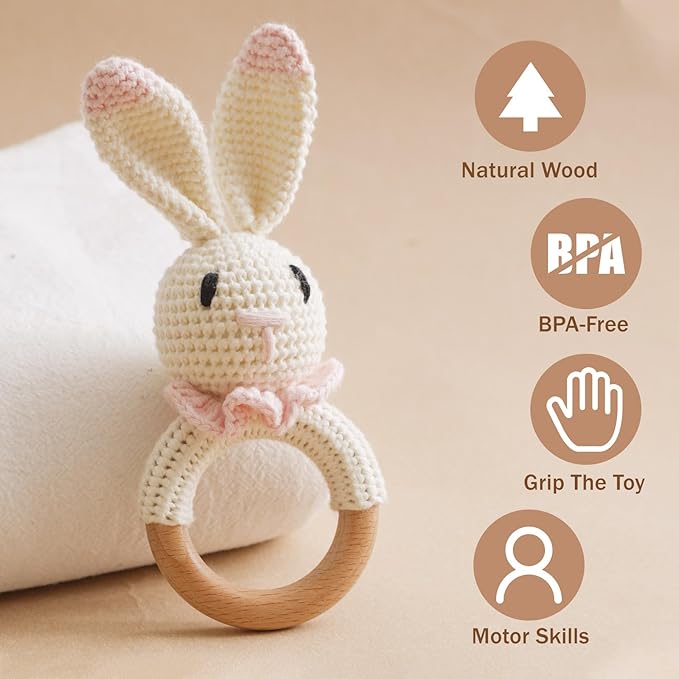 Wooden Baby Rattle, Crochet Pink Bunny Rattle, Newborn Wooden Animal Rattle Toy, Infant Rattle Toys, Pink Bunny