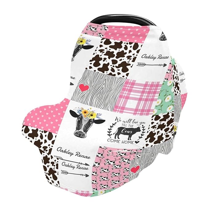 Personalized Baby Car Seat Cover for Babies, Custom Name Baby Car Seats Canopy for Girls, Nursing Breastfeeding Stroller Covers for Infant Newborn, Shower Gift for Baby (Farm Cow Pink)