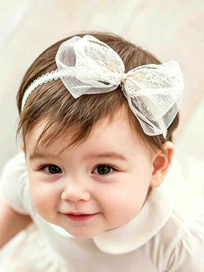 Baby Girls Bow Lace Headband Cute Soft Hairband White Butterfly Knot Headbands for Newborn Infants Toddlers Kids Christening Baptism Birthday Party Hair Accessories（Beige C）