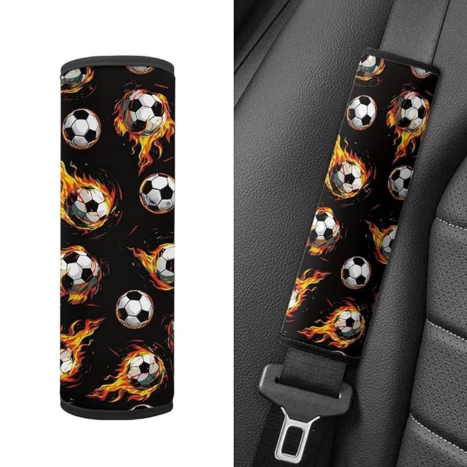 Biyejit Fire Soccer Car Seat Neck Cover, Car Seat Strap Cover, 2 Pack Seat Belt Cushions Pads, Shoulder Strap Protectors, Reversible Pram Harness Covers, Baby Neck Pad Protector