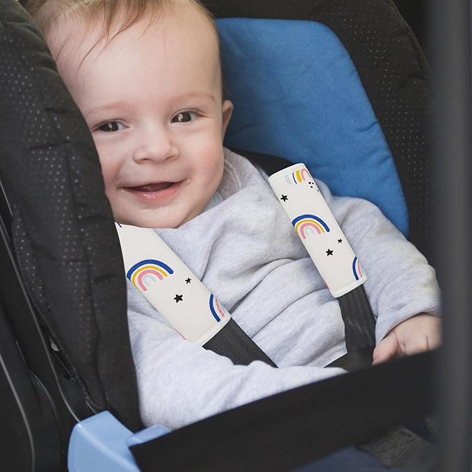 2Pcs Baby Car Seat Neck Cover for Kids, Children Seat Belt Cushion Cute Cartoon Pattern, Comfortable Soft Belt Pads Cover Neck Support Travelling (Pink Rainbow)