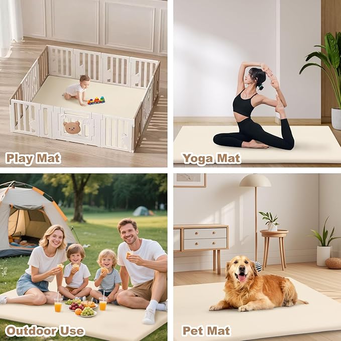 Baby Play Mat 50" X 50",Premium Foam Crawling Mat, Thick & Super Soft Vegan Leather Floor Mat,Non-Slip Cushioned Baby Playmat for Infants, Babies, Toddlers,Mat for Living Room(Cream)