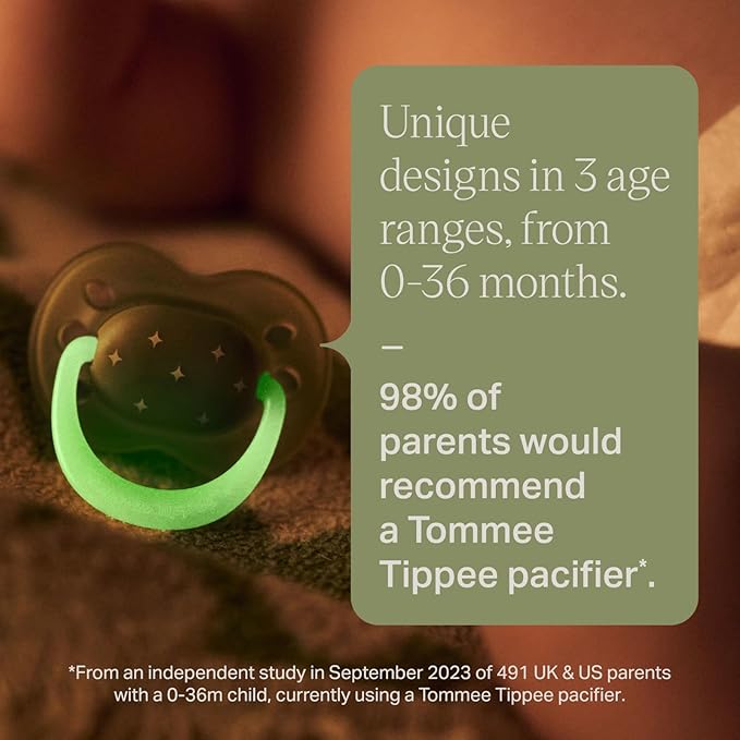 Tommee Tippee NightGlow Pacifiers, 6-18 Months, Glow in the Dark, Symmetrical Nipple, 100% BPA Free Silicone, Dishwasher and Sterilizer Safe, Twilight Tones, Pack of 4