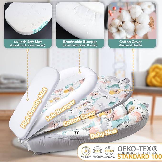 Infant Support Cushion-Breathable and Soft Organic 100% Cotton, Portable Tummy Time Mat with Removable Support Cushionr Cover, Floor Baby Support Cushion for Newborn - Lion