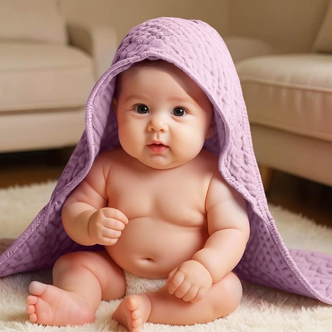 Peryiter 4 Pcs Muslin Hooded Baby Towels 32 x 32 Inch Cotton Newborn Bath Essentials Muslin Infant Blankets Absorbent Registry Gifts for Girl Boy Kids Baby Shower (Purple Series)