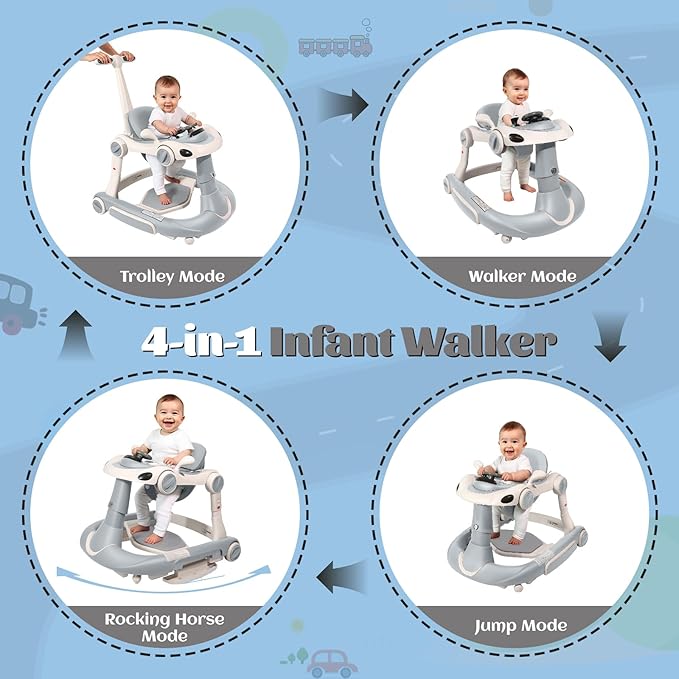 Baby Walker, 4-in-1 Baby Walker with Wheels Portable, Foldable Infant Toddler Walker for Boys Girls 6-18 Month,Removable Footrest,Car Steering Wheel & Music, Adjustable Push Walker Grey