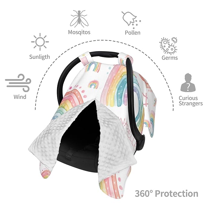 Personalized Baby Car Seat Cover Custom Name CarSeat Canopy Customized Rainbow Newborn Nursing Breastfeeding Cover Minky Baby Blanket Infant Car Seat Canopies for Baby Girls Boys