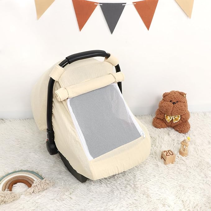 Car Seat Cover Baby, Summer Carseat Covers for Babies Girls Boys Breathable Muslin Cotton HNHUAMING Infant Car Seat Canopy with Large Mesh Window, Cozy & Windproof Newborn Stroller Cover, Apricot