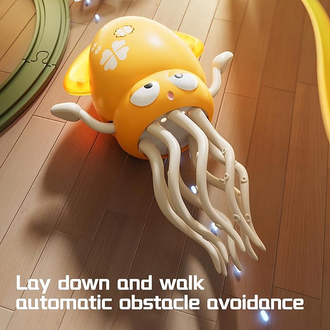 Electric Crawling Octopus Toy with LED Lights & Music, Smart Obstacle Avoidance, Interactive Auto-Dance Octopus for Gifts, Toddlers, Indoor Fun, Brings Endless Giggles (Yellow)