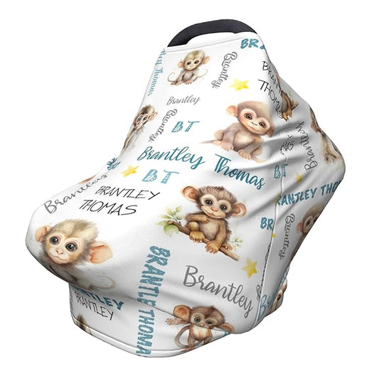 Personalized Car Seat Covers for Babies with Name – Multi-use Breastfeeding Cover Custom Monkey Carseat Canopy Cover, Infant Stroller Covers for Boys and Girls