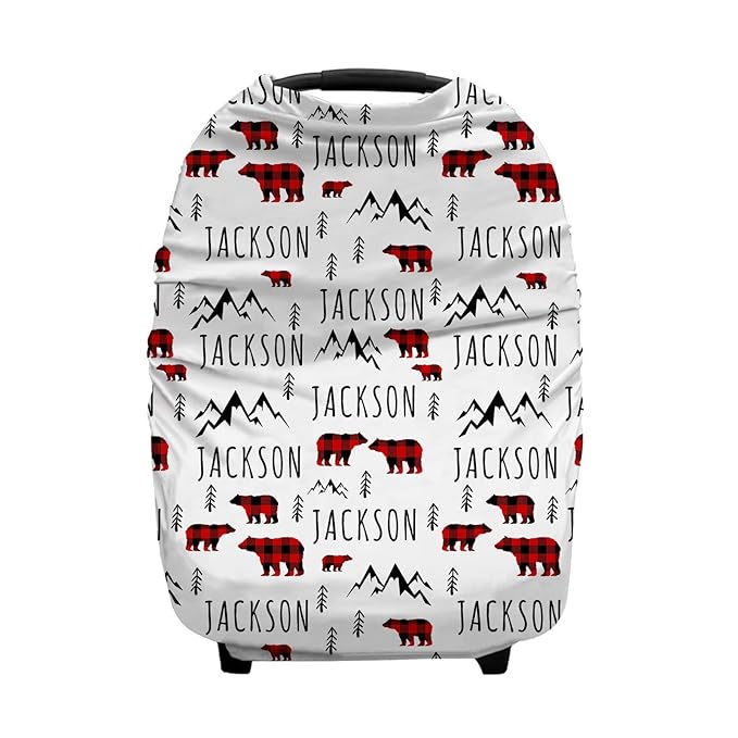 Personalized Plaid Bear Baby Car Seat Covers with Name, Custom Nursing Cover Breastfeeding for Babies, Carseat Canopy for Boys and Girls, Infant Stroller Cover, Breathable Carseats Cover