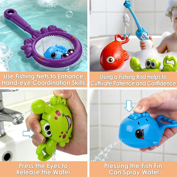 Baby Bath Toy for Toddlers, Fishing Game Bath Toy with 3 Floating Sea Animals, Fishing Pole & Fishing Net, Fun Bathtub Games for Kids Ages 18 Months+