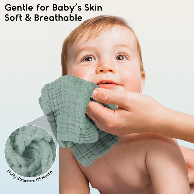 Unnivoll Muslin Burp Cloths Baby 12''X12'', Baby Washcloths 6 Pack, 100% Cotton Baby Wash Cloths Absorbent and Soft for Newborn Infants Kids Boys Girls - Dark Green
