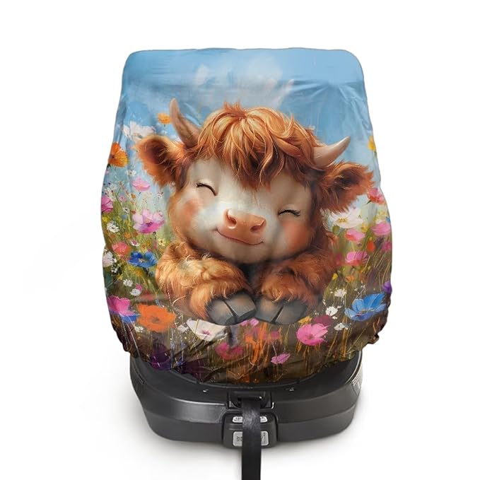 XYZCANDO Baby Highland Cow Infant Car Seat Cover Cartoon Summer Carseat Cover Protect from Sun/Hot Days Portable Baby Car Seat Shade Cover Elastic Infant Car Seat Protector Gift for Her