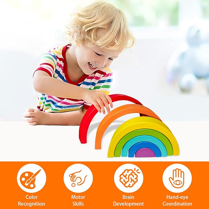 TUOWITA Wooden Rainbow Stacking Toy, Wood Stacker Arch Game, Montessori Arch Bridge Rainbow Building Blocks, Colorful Stacking Blocks Puzzles for Kids 2 3 4 5 Years Old, Rainbow Decor Toys