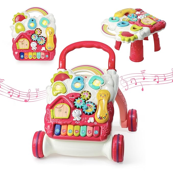 Sit to Stand Baby Walker, Activity Center with Music and Light, Activity Table for Toddlers, Push Toys for Babies Learning to Walk, Early Education Toys for Infant Boys Girls 6 Months Up (Red)