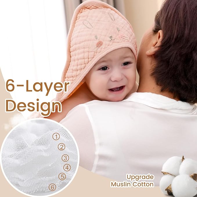 david's kids 2 Pack Hooded Baby Towels, Large 32"x32", 6 Layer 100% Muslin Cotton Highly Absorbent Girl Bath Towel for Newborn, Infant, Toddler, Soft and Breathable Baby Essentials, Floral & Butterfly