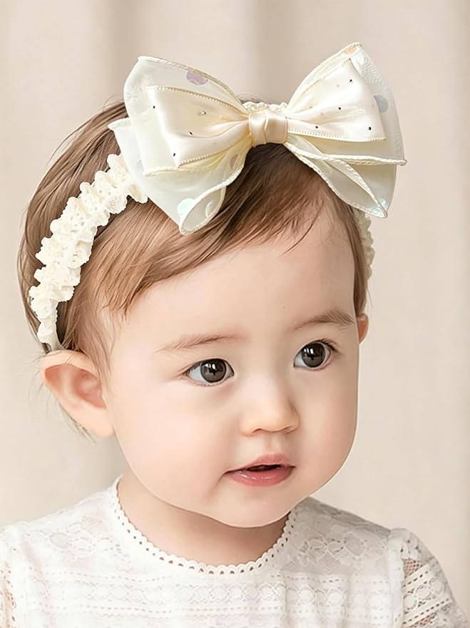 Handmade Baby Girl Headbands in Beige Baby Bows and Floral Lace Headband Bows for Newborns and Toddlers Cute Baby Girl Bows and Newborn Headband Bows