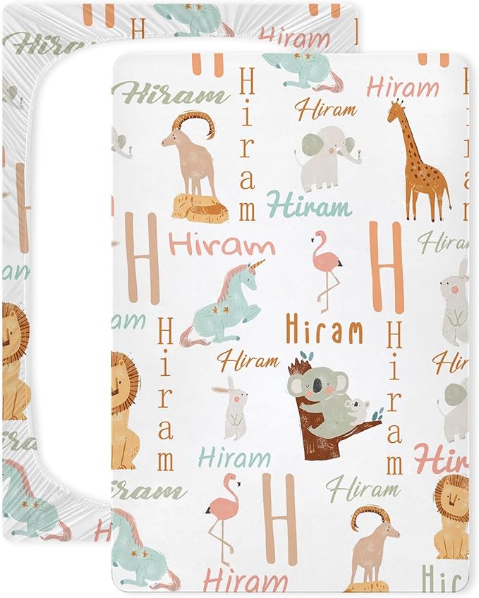 Personalized Name Pack N Play Sheets for Pack and Plays, Playard, Playpen, Mini Cribs - Customized Cute Animal Pack & Play Sheet with Name - Mini Cribs Mattress Fitted Sheet for Baby Girls Boys