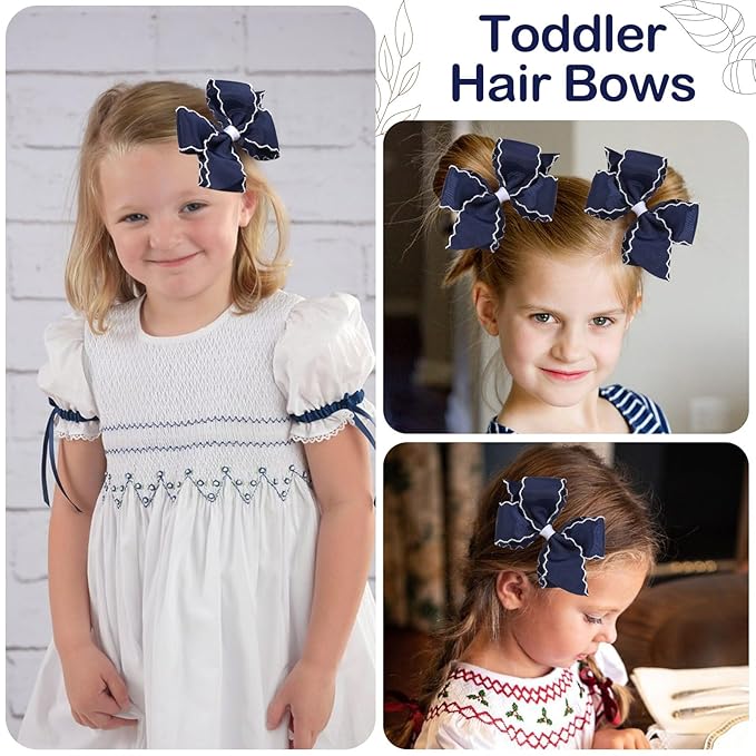 OAOLEER 5” 2PCS Hair Bows for Girls, Navy Grosgrain Ribbon Bows Hair Alligator Clips Hair Accessories for Girls Infants Toddlers Kids Teens Children (Navy)