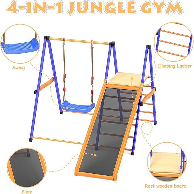 SPIDERCAMP Indoor Playground Toddler Jungle Gym 4-in-1 Indoor Jungle Gym for Kids,Indoor Climber Playset with Swing Indoor Slide,Sturdy Metal Kids Indoor Playset (S)