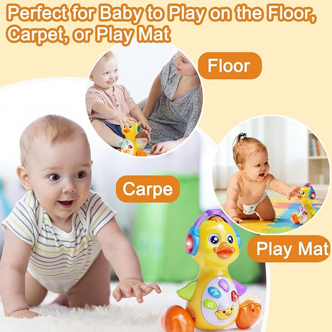 Musical Flapping Yellow Duck, Crawling Tummy Time, Educational Learning Walking Light Up Dancing Toy for 1 Year Old Baby Toddler Infant Easter Valentine Gifts