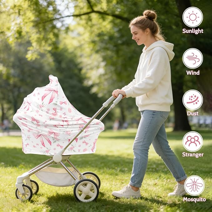 Car Seat Cover Baby Girls, All-in-1 Carseat Canopy for Babies, Multi-Use Infant Carrier Cover, Stroller Sun Shade, Nursing Breastfeeding Cover, Comfortable and Machine Washable, Pink Rose